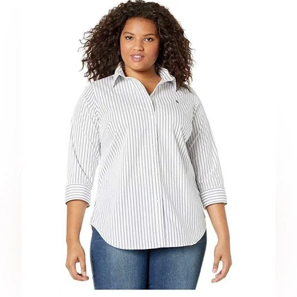 Lauren Ralph Lauren
Plus Size 3/4 Sleeve Striped Button Front Cotton Shirt X3 - Picture 4 of 4